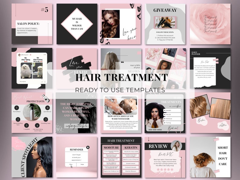 Peut inclure: Un mod&egrave;le de conception graphique rose et noir pour les m&eacute;dias sociaux avec le texte "Traitement des cheveux" et "Mod&egrave;les pr&ecirc;ts &agrave; l'emploi". Le mod&egrave;le comprend des images de produits de soins capillaires, de coiffures et de services de salon.