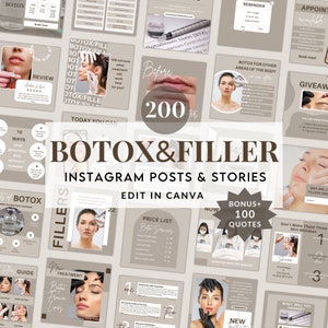May include: A collection of Instagram posts and stories templates for Botox and filler treatments. The design features a neutral color palette with images of procedures, before and after photos, and informational graphics. Text includes "Botox & Filler" and "Edit in Canva."