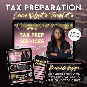 Tax Website Template, Tax Prep Website, Tax Preparation Website Design, Tax Season Banner Templates,Pink Accounting Website Template, Canva