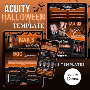 May include: A set of eight Halloween-themed social media templates for nail salons. The templates feature a black and orange color scheme with spooky graphics and text. The templates are designed to be used on Instagram and other social media platforms. The text on the templates includes "BOO! Gorgeous", "Nails by Kristy", "Get your nails BOO-tiful for Halloween", "Tag us in your selfie", "Thank you for booking!" and "Edit in Canva".
