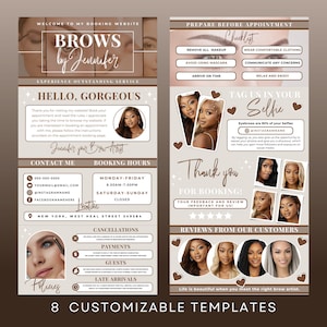 May include: A brown and white template for a brow artist's booking website. The template includes a checklist for clients to prepare before their appointment, a section for booking hours, a contact section, and a section for reviews from customers. The template also includes a call to action to tag the artist on social media.