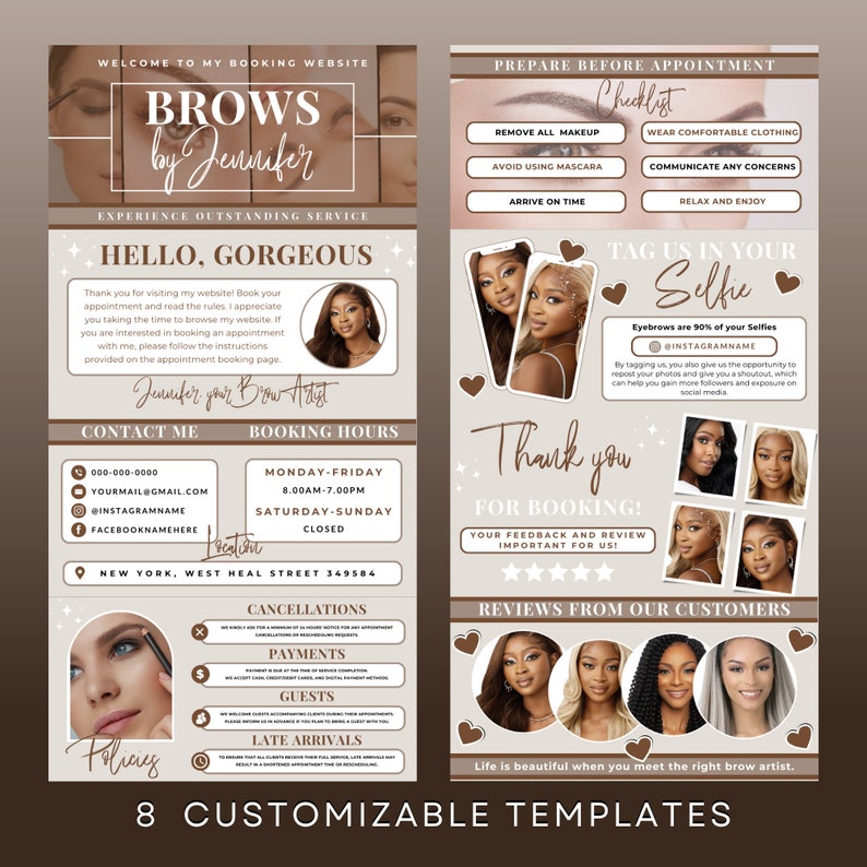May include: A brown and white template for a brow artist's booking website. The template includes a checklist for clients to prepare before their appointment, a section for booking hours, a contact section, and a section for reviews from customers. The template also includes a call to action to tag the artist on social media.