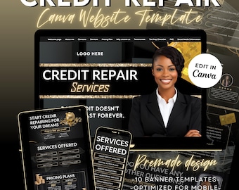 Plantilla de sitio web de reparación de crédito, sitio web de reparación de crédito, sitio web de servicios de reparación de crédito Black Gold, plantillas de banner de reparación de crédito, Canva