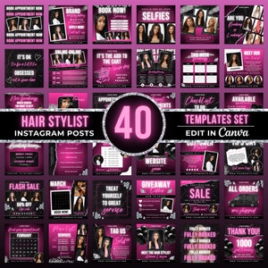 May include: A set of 40 customizable Instagram post templates for hair stylists, featuring a pink and black color scheme with glitter accents. The templates include various designs for promoting services, announcing sales, and showcasing client work. The text "40 Templates Set Edit in Canva" is displayed in a pink neon font.