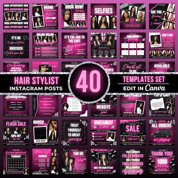 Hair Stylist Instagram Post Templates, Hair Book Now Flyer, Pink Hair Social Media Posts, Hair Branding,Braids Wigs Posts, Canva Template