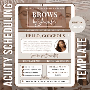 May include: A brown and white digital template for booking appointments for eyebrow services. The template features the text "Brows by Jennifer" and includes contact information, booking hours, and a location. The template is designed to be edited in Canva.