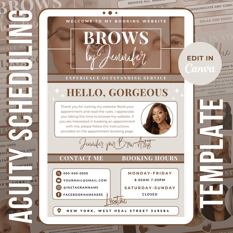 May include: A brown and white digital template for booking appointments for eyebrow services. The template features the text "Brows by Jennifer" and includes contact information, booking hours, and a location. The template is designed to be edited in Canva.