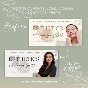 May include: Before and after image showing a customizable social media banner template for an esthetics business. The banner features a geometric design with a neutral color palette of brown, beige, and gray. The text on the banner reads "Welcome to my booking website", "Esthetics", "By Jennifer Clark", "Self-care starts here", "Refresh, Renew, Rejuvenate", and "www.etsy.com/shop/s2digital".