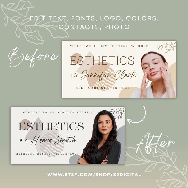 May include: Before and after image showing a customizable social media banner template for an esthetics business. The banner features a geometric design with a neutral color palette of brown, beige, and gray. The text on the banner reads "Welcome to my booking website", "Esthetics", "By Jennifer Clark", "Self-care starts here", "Refresh, Renew, Rejuvenate", and "www.etsy.com/shop/s2digital".