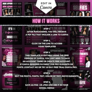 May include: A pink and black graphic design template for social media posts. The template includes text that says "Edit in Canva" and "How it works". The template also includes a checklist of steps for editing the template.
