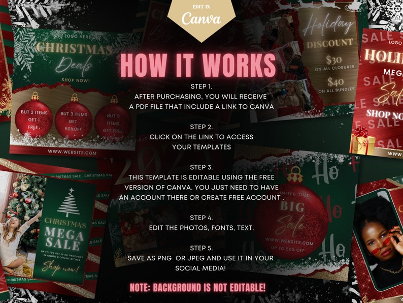 May include: A collage of Christmas sale graphics with red, green, and gold accents. The graphics feature text such as "Christmas Deals", "Holiday Discount", "Mega Sale", and "Shop Now!" The graphics also include images of Christmas trees, ornaments, and snowflakes.