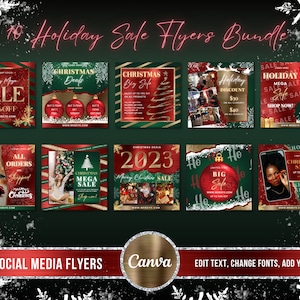 May include: A set of 10 social media flyers for holiday sales. The flyers feature a green and red color scheme with Christmas-themed graphics, such as ornaments, trees, and snowflakes. The text on the flyers includes phrases like "Holiday Mega Sale", "Christmas Deals", and "Big Sale".