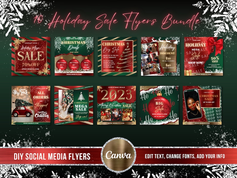 May include: A set of 10 social media flyers for holiday sales. The flyers feature a green and red color scheme with Christmas-themed graphics, such as ornaments, trees, and snowflakes. The text on the flyers includes phrases like "Holiday Mega Sale", "Christmas Deals", and "Big Sale".