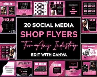 Op de afbeelding: Een verzameling van 20 roze en zwarte social media shop flyers voor elke branche. De flyers bevatten tekst zoals "Resultaten", "Flitsverkoop", "Aanvulling", "Merkambassadeurs", "Checklist", "Nieuwe aankomsten", "Prijslijst", "Uitverkoop", "Giveaway", "Alle bestellingen", "Tipsdag", "Website lancering", "Het is de toevoeging aan de winkelwagen" en "Ontmoet de CEO".