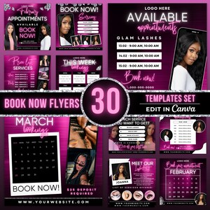 May include: A set of 30 customizable social media templates for booking appointments. The templates feature a pink and black color scheme with a glittery diamond pattern. The text "Book Now Flyers" is displayed in a pink neon font. The templates are designed to be edited in Canva.