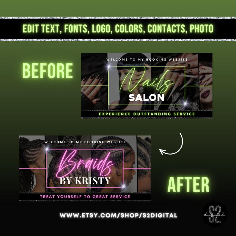 May include: Before and after image showing a customizable Etsy shop banner template. The before image shows a banner for a nail salon with the text "Nails Salon" in pink neon lettering. The after image shows a banner for a braiding service with the text "Braids by Kristy" in pink neon lettering.