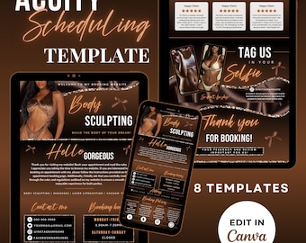 May include: Acuity Scheduling Template with a brown and gold color scheme. The template includes layouts for body sculpting services, client testimonials, and booking information. The text includes "Hello Gorgeous" and "Edit in Canva."