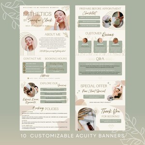May include: A green and brown banner with the text "Esthetics by Jennifer Clark" and a checklist for preparing for an appointment. The banner also includes information about booking hours, contact information, and services offered.