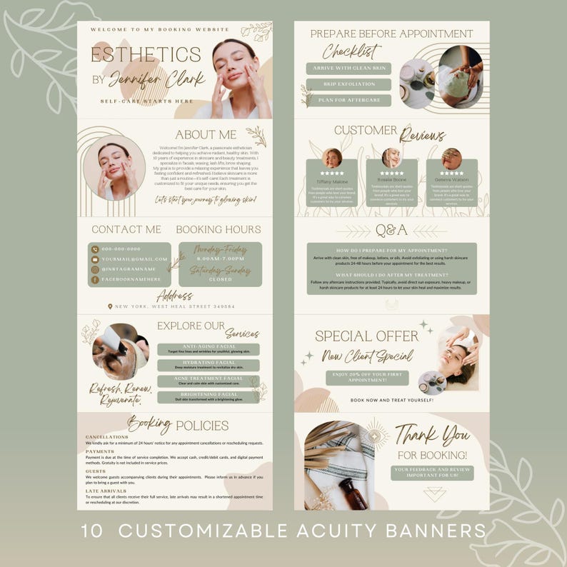 May include: A green and brown banner with the text "Esthetics by Jennifer Clark" and a checklist for preparing for an appointment. The banner also includes information about booking hours, contact information, and services offered.