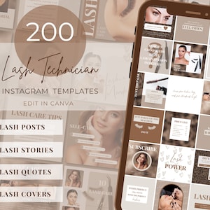Lash Artist Templates Bundle, Lash Tech Posts, Quotes, Stories, Highlights, Lash Tech Social Media Content, Lash Extension Templates, Beige