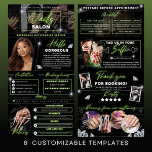 May include: A black and green flyer with a diamond pattern border. The flyer advertises a nail salon with the text "Nails Salon" in a glittery font. The flyer includes contact information, booking hours, and a checklist for preparing for an appointment. The flyer also includes a section for customer reviews.