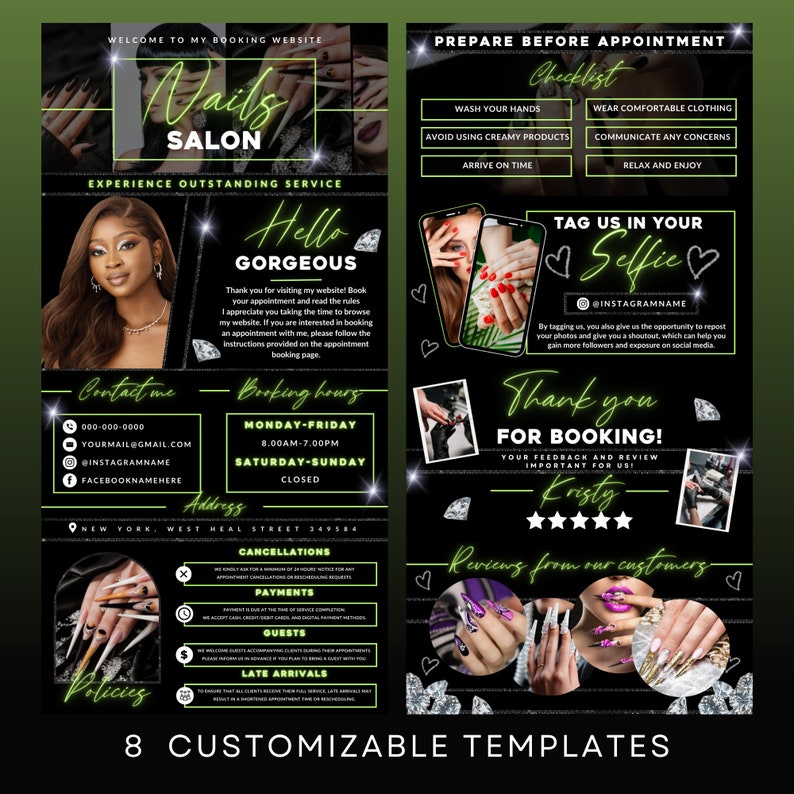 May include: A black and green flyer with a diamond pattern border. The flyer advertises a nail salon with the text "Nails Salon" in a glittery font. The flyer includes contact information, booking hours, and a checklist for preparing for an appointment. The flyer also includes a section for customer reviews.