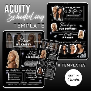 Puede incluir: Ocho plantillas en blanco y negro para programar citas. Las plantillas presentan un fondo negro con texto blanco y diamantes. El texto incluye "Hair by Kristy", "Hello Gorgeous", "Contact Me", "Booking Hours", "Address", "Tag Us in Your Selfie", "Thank You for Booking!" y "Reviews from our customers". Las plantillas están diseñadas para ser editadas en Canva.