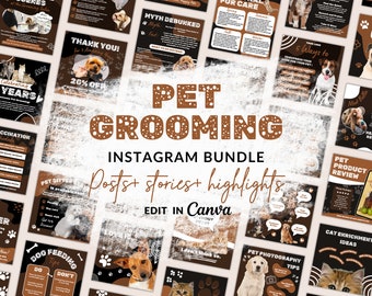 May include: A collection of social media graphics for pet grooming businesses. The graphics feature a variety of dogs and cats, and include text such as "Seasonal Grooming Tips", "Pet Sitter", "Dog Feeding Tips", "Why Adopt an Older Pet?", "Pet Photography Tips", "Pet Socialization", "Cat Enrichment Ideas", and "Pet Product Review".