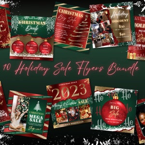 May include: Ten holiday sale flyer templates featuring a red and green color scheme with gold accents. The flyers feature images of Christmas trees, ornaments, and people. The text on the flyers includes "Holiday Sale", "Christmas Deals", "Mega Sale", and "Big Sale".