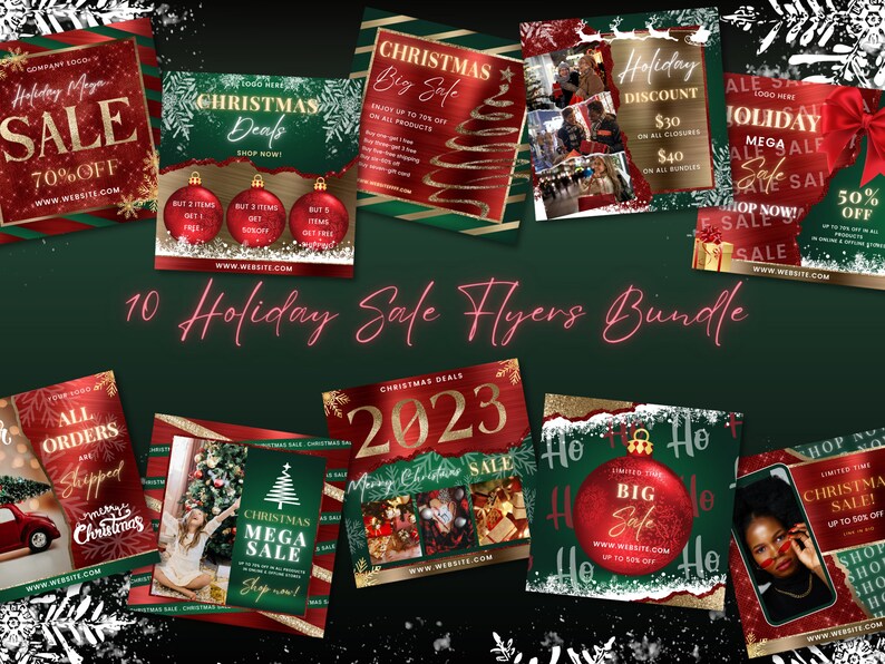 May include: Ten holiday sale flyer templates featuring a red and green color scheme with gold accents. The flyers feature images of Christmas trees, ornaments, and people. The text on the flyers includes "Holiday Sale", "Christmas Deals", "Mega Sale", and "Big Sale".