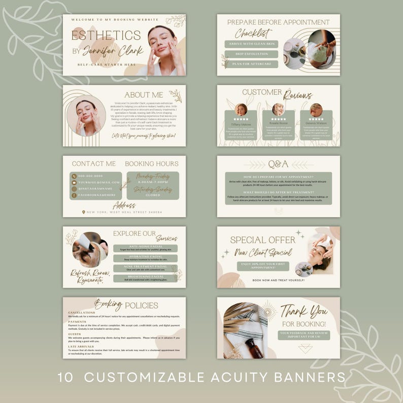 May include: Ten customizable banners for an esthetics business. The banners feature a green background with brown and white accents. The banners include text such as "Welcome to my booking website", "Prepare before appointment", "About me", "Customer reviews", "Contact me", "Booking hours", "Explore our services", "Special offer", "Booking policies", and "Thank you for booking".