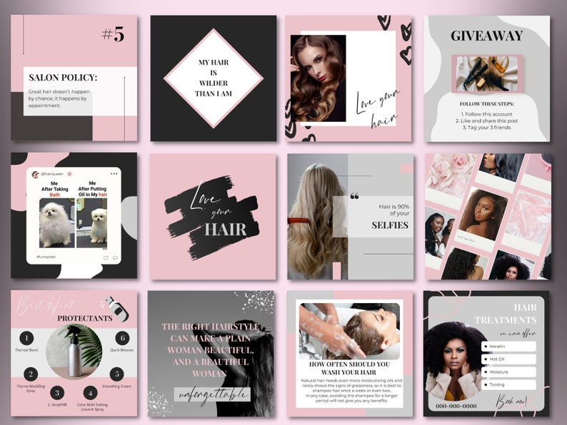 Peut inclure: Une mosa&iuml;que de neuf publications Instagram roses et noires sur les soins et le coiffage des cheveux. Les publications pr&eacute;sentent des images de femmes avec diff&eacute;rentes coiffures, du texte sur des conseils de soins capillaires et une annonce de concours. Le texte sur les publications comprend des phrases comme "Aimez vos cheveux", "Les cheveux repr&eacute;sentent 90 % de vos selfies" et "La bonne coiffure peut rendre une femme ordinaire belle".