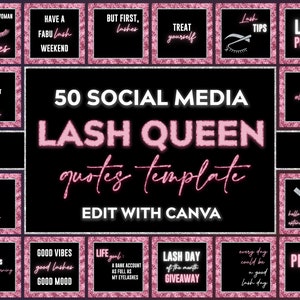 Puede incluir: Una plantilla de dise&ntilde;o gr&aacute;fico rosa y negro con 50 citas de redes sociales para negocios de pesta&ntilde;as. El texto "LASH QUEEN" est&aacute; en letras grandes de color rosa con un fondo brillante. La plantilla est&aacute; dise&ntilde;ada para ser editada con Canva.