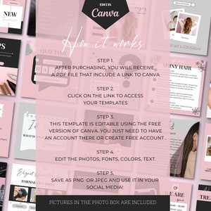 Peut inclure: Un mod&egrave;le de conception graphique rose et noir pour les m&eacute;dias sociaux sur le th&egrave;me d'un salon de coiffure. Le mod&egrave;le comprend du texte tel que "Nouveau", "10 conseils", "Ceci ou cela", "Cheveux brillants", "Dates disponibles", "Tendances de coiffure de mariage", "Nous sommes", et "Traitement".