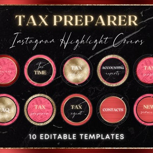 May include: Ten editable Instagram highlight covers for a tax preparer business. The covers feature a black marble background with gold accents and pink circles with text such as "Tax Time", "Accounting Experts", and "New Services".