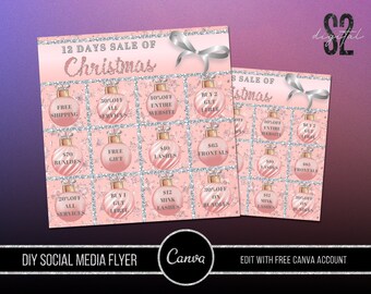 12 Days of Christmas Holiday Sale Instagram Template, 12 days of Christmas social media flyer, Christmas lash and hair promotional flyer PS2