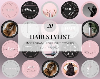 Puede incluir: Veinte portadas de destacados de Instagram para un estilista. Las portadas presentan una variedad de diseños, que incluyen cuidado del cabello, consejos, tendencias, tutoriales y más. Las portadas son en negro, blanco y rosa.