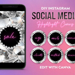 May include: A set of eight Instagram highlight covers with a diamond theme. The covers feature black backgrounds with white diamond borders and pink neon text. The text on the covers includes "sale", "wigs", "nails", "arrivals", "clients", "restock", "reviews", and "EDIT WITH CANVA".