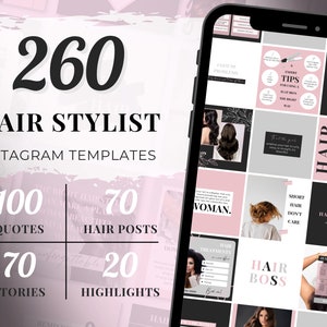 Könnte beinhalten: Eine pink- und schwarze Grafik mit dem Text "260 Instagram-Vorlagen für Friseure" und einer Aufschlüsselung der Anzahl der enthaltenen Vorlagen: 100 Zitate, 70 Haar-Posts, 70 Stories und 20 Highlights.