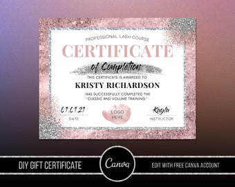 Certyfikat ukończenia kursu DIY Lash, Certyfikat DIY Body Contouring, Certyfikat Premade, Certyfikat Estetyka, Róż