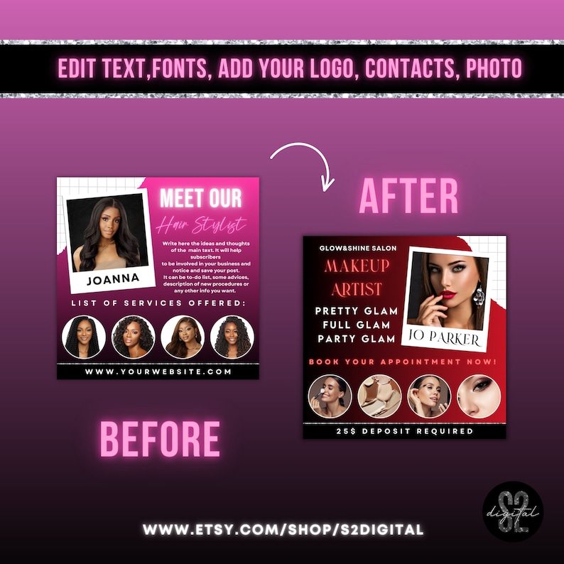 May include: Before and after images of a salon advertisement. The before image shows a pink and white design with a woman's face and the text "Meet Our Hair Stylist". The after image shows a red and white design with a woman's face and the text "Glowshine Salon Makeup Artist".