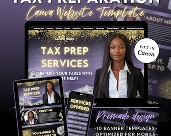 Tax Website Template, Tax Prep Website, Tax Preparation Website Design, Tax Season Banner Templates,Purple Accounting Website Template,Canva