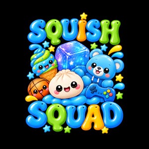 Könnte beinhalten: Ein Grafikdesign mit dem Text SQUISH SQUAD in bunten Buchstaben im Blasen-Stil. Die Illustration zeigt eine lächelnde Eiswaffel, einen leuchtend blauen Würfel, einen Basketball, ein weißes Knödel, einen blauen Bären und einen Gamecontroller.