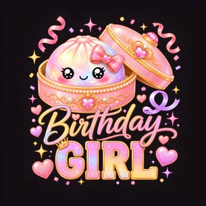 Puede incluir: Una ilustración gráfica que presenta un personaje de bola de masa iridiscente con un lazo rosa dentro de un recipiente rosa con joyas. El texto 'Birthday GIRL' aparece debajo en una fuente degradada, rodeado de corazones, estrellas y cintas rosas sobre un fondo negro.