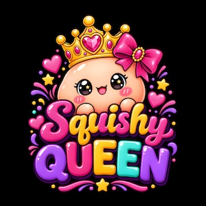 Puede incluir: Una ilustración gráfica de un personaje redondo de color melocotón con grandes ojos negros y una boca sonriente, que lleva una corona dorada con un corazón rosa y un gran lazo rosa. El texto Squishy QUEEN aparece debajo en letras coloridas.