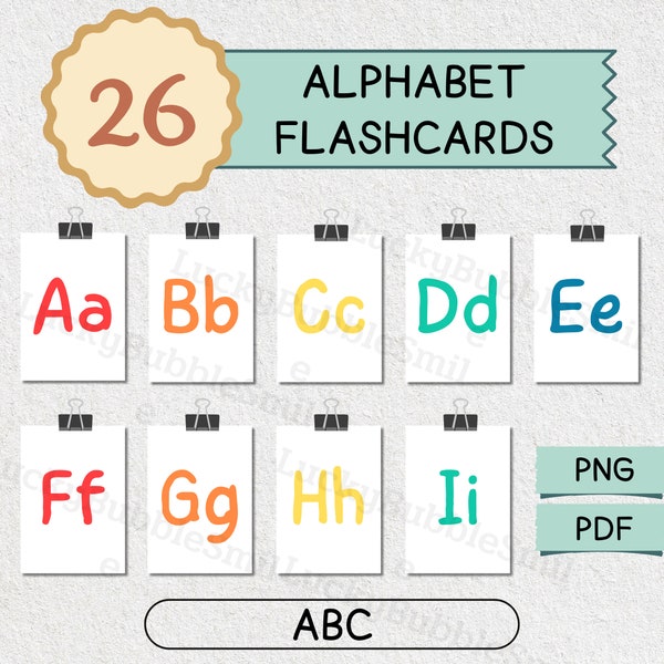 26 ABC Alphabet Flash cards, ABC Flash Card, Letters Flashcard, Rainbow Color,Digital Download Printable ABC Learning Cards for Kids