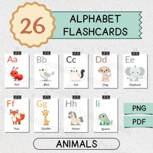 Animals Alphabet Flash cards, ABC Flash Card, Letters Flashcard, Digital Download Printable ABC Learning Cards for Kids