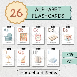 26 Household item Alphabet Flash cards, ABC Flash Card, Letters Flashcard, Digital Download Printable ABC Learning Cards for Kids