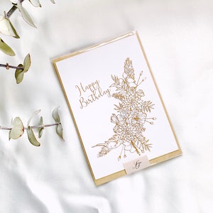 Floral Blossom Birthday Card | handdrawn design art arty artse foil gold bookmark post card elegant luxury luxe handmade handcarft crafty