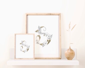 Letter S Floral Design Art Print with Gold Flakes | calligraphy flower plumeria hand drawn handmade handcraft digital print wall hanging